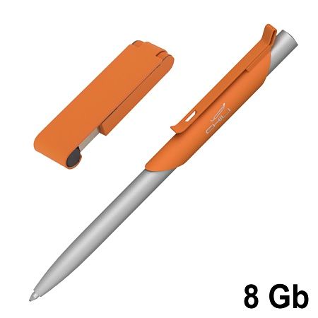 Набор ручка "Skil" + флеш-карта "Case" 8 Гб в футляре, оранжевый, покрытие soft touch#