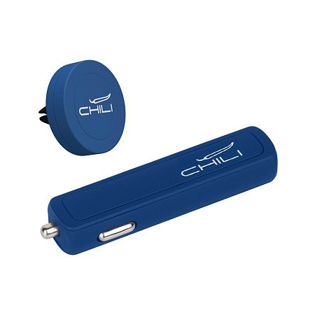 Набор автомобильное зарядное устройство "Slam" + магнитный держатель для телефона "Allo" в футляре, темно-синий, покрытие soft touch