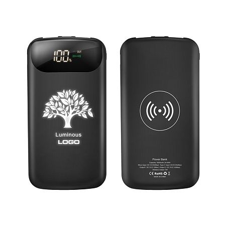 Беспроводное зарядное устройство 8000mAh с подсветкой (белая) логотипа и цифровым индикатором заряда, soft touch, чёрное