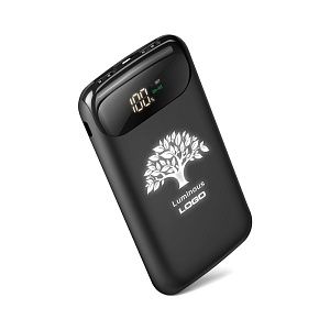 Беспроводное зарядное устройство 8000mAh с подсветкой (белая) логотипа и цифровым индикатором заряда, soft touch, чёрное