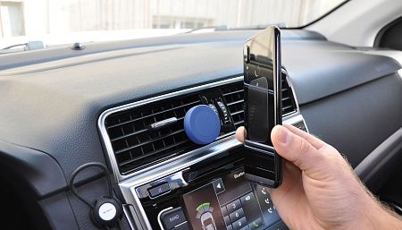 Набор автомобильное зарядное устройство "Slam" + магнитный держатель для телефона "Allo" в футляре, темно-синий, покрытие soft touch